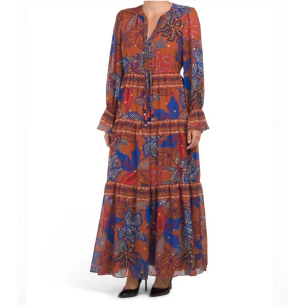 House of Harlow Maxi Tiered Floral Rustic Boho Long Sleeve Dress Size Small